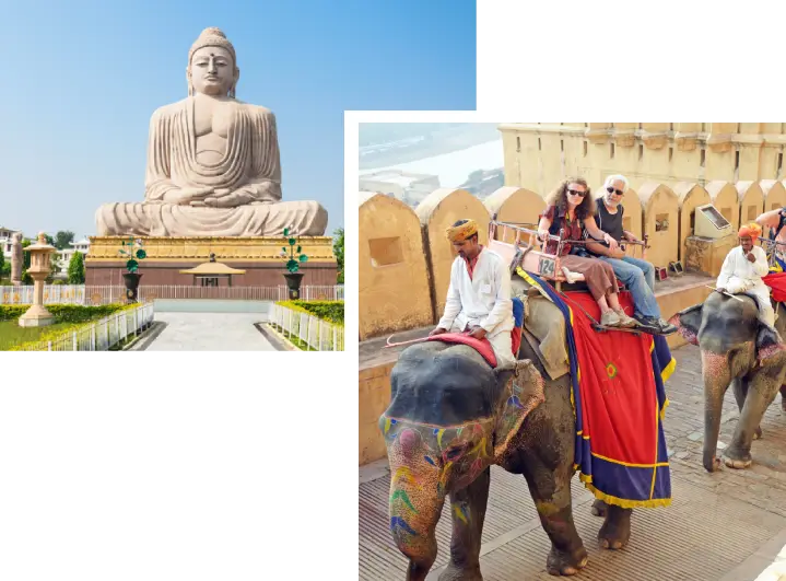 A collage of photos with people riding on elephants and sitting in front of statues.