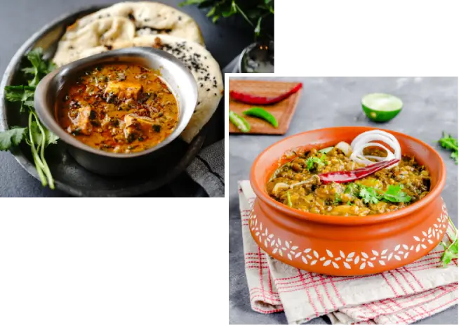 A bowl of soup and a plate with food.