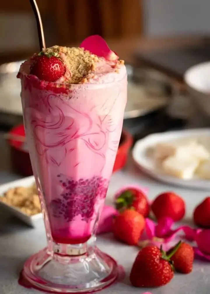 A pink milkshake with cherries and strawberries on the side.