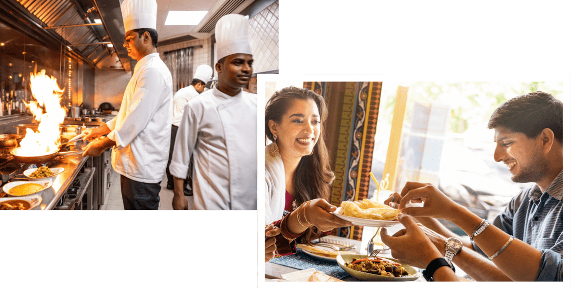 A collage of people eating food and cooking.