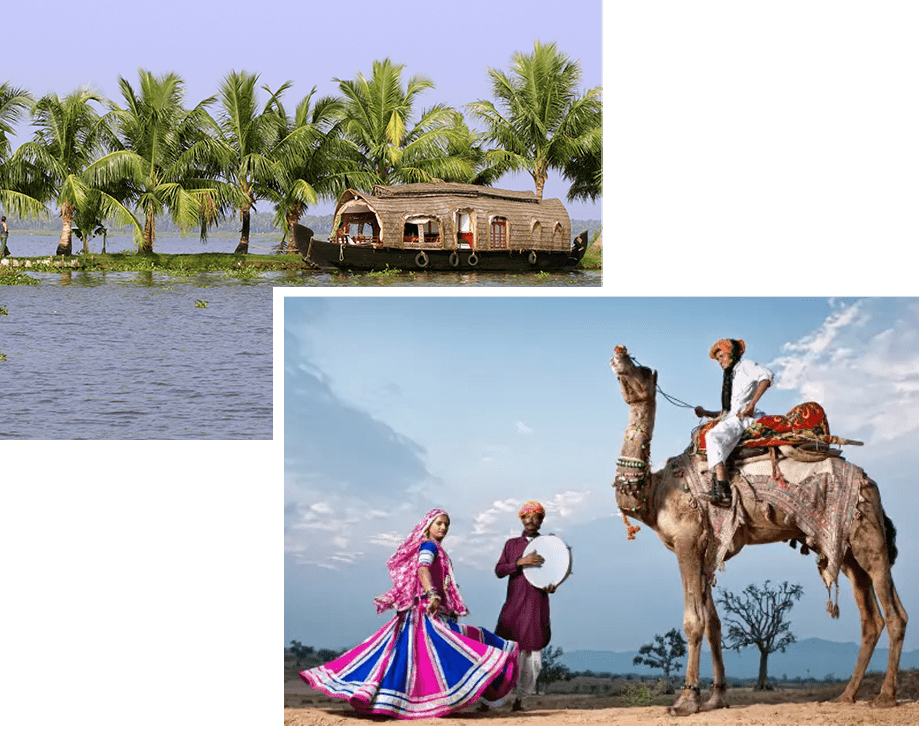 A couple of pictures with a camel and a boat