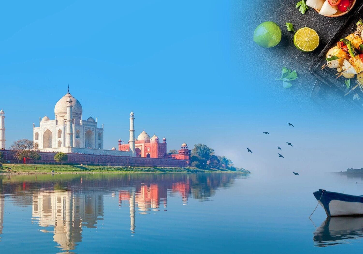 A view of the taj mahal and some fruits.