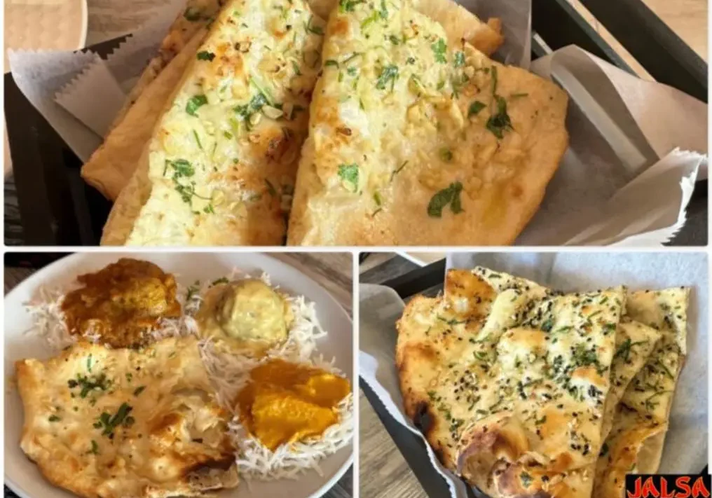 Garlic naan and Indian food platter.